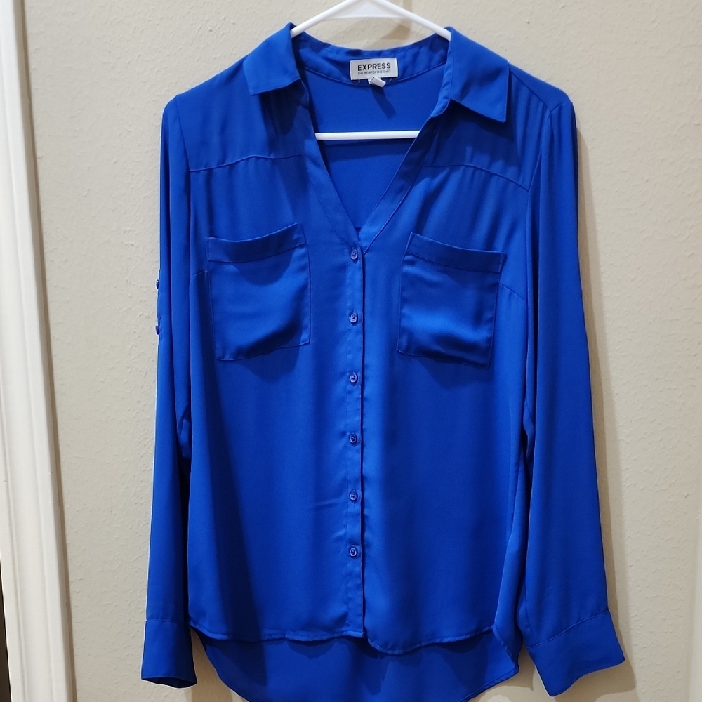 Express Blue Button Down Shirt with Notched Collar